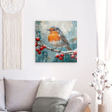 Alu Dibond (matt) | Malerisches Rotkehlchen auf verschneitem Zweig