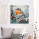 Alu Dibond (matt) | Malerisches Rotkehlchen auf verschneitem Zweig