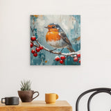 Alu Dibond (matt) | Malerisches Rotkehlchen auf verschneitem Zweig