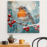 Acrylglas | Malerisches Rotkehlchen auf verschneitem Zweig