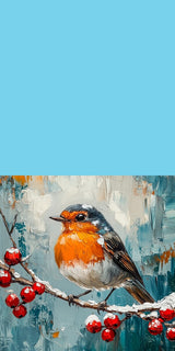 Plüschkissen (Himmelblau) | Malerisches Rotkehlchen auf verschneitem Zweig