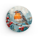 Rundes Wandbild | Malerisches Rotkehlchen auf verschneitem Zweig