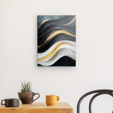 Leinwand - Stärke 2cm | Schneeleuchten und Sternenzug - Abstrakte Winterwellen in Schwarz, Weiß und Gold