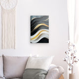 Leinwand - Stärke 2cm | Schneeleuchten und Sternenzug - Abstrakte Winterwellen in Schwarz, Weiß und Gold