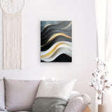 Leinwand - Stärke 2cm | Schneeleuchten und Sternenzug - Abstrakte Winterwellen in Schwarz, Weiß und Gold