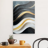 Alu Dibond (matt) | Schneeleuchten und Sternenzug - Abstrakte Winterwellen in Schwarz, Weiß und Gold