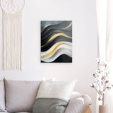 Alu Dibond (matt) | Schneeleuchten und Sternenzug - Abstrakte Winterwellen in Schwarz, Weiß und Gold