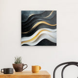 Alu Dibond (matt) | Schneeleuchten und Sternenzug - Abstrakte Winterwellen in Schwarz, Weiß und Gold