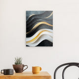 Alu Dibond (matt) | Schneeleuchten und Sternenzug - Abstrakte Winterwellen in Schwarz, Weiß und Gold