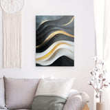 Alu Dibond (matt) | Schneeleuchten und Sternenzug - Abstrakte Winterwellen in Schwarz, Weiß und Gold