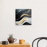 Alu Dibond (matt) | Schneeleuchten und Sternenzug - Abstrakte Winterwellen in Schwarz, Weiß und Gold