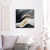 Alu Dibond (matt) | Schneeleuchten und Sternenzug - Abstrakte Winterwellen in Schwarz, Weiß und Gold