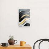 Acrylglas auf Alu-Dibond | Schneeleuchten und Sternenzug - Abstrakte Winterwellen in Schwarz, Weiß und Gold