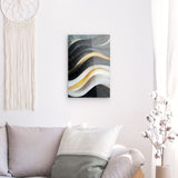 Acrylglas auf Alu-Dibond | Schneeleuchten und Sternenzug - Abstrakte Winterwellen in Schwarz, Weiß und Gold