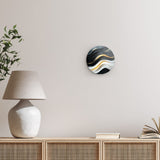 Rundes Wandbild | Schneeleuchten und Sternenzug - Abstrakte Winterwellen in Schwarz, Weiß und Gold