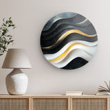 Rundes Wandbild | Schneeleuchten und Sternenzug - Abstrakte Winterwellen in Schwarz, Weiß und Gold