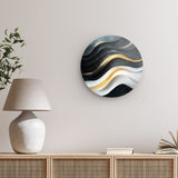 Rundes Wandbild | Schneeleuchten und Sternenzug - Abstrakte Winterwellen in Schwarz, Weiß und Gold