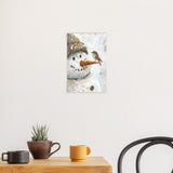 Poster ab 15 EUR | Schneegeflüster auf Karottennase - Malerischer Schneemann mit Vogel
