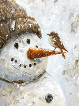 Poster ab 15 EUR | Schneegeflüster auf Karottennase - Malerischer Schneemann mit Vogel