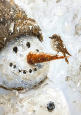 Poster ab 15 EUR | Schneegeflüster auf Karottennase - Malerischer Schneemann mit Vogel