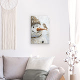 Leinwand - Stärke 2cm | Schneegeflüster auf Karottennase - Malerischer Schneemann mit Vogel