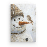 Leinwand - Stärke 2cm | Schneegeflüster auf Karottennase - Malerischer Schneemann mit Vogel