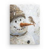 Leinwand - Stärke 2cm | Schneegeflüster auf Karottennase - Malerischer Schneemann mit Vogel