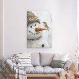 Alu Dibond (matt) | Schneegeflüster auf Karottennase - Malerischer Schneemann mit Vogel