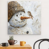 Alu Dibond (matt) | Schneegeflüster auf Karottennase - Malerischer Schneemann mit Vogel