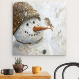 Acrylglas | Schneegeflüster auf Karottennase - Malerischer Schneemann mit Vogel