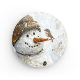 Rundes Wandbild | Schneegeflüster auf Karottennase - Malerischer Schneemann mit Vogel