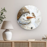 Rundes Wandbild | Schneegeflüster auf Karottennase - Malerischer Schneemann mit Vogel