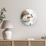 Rundes Wandbild | Schneegeflüster auf Karottennase - Malerischer Schneemann mit Vogel
