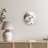 Rundes Wandbild | Schneegeflüster auf Karottennase - Malerischer Schneemann mit Vogel