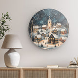 Rundes Wandbild | Stern über stillen Dächern - Märchenhaftes Weihnachtsdorf mit Kirche