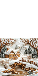 Plüschkissen (Weiss) | Süßer Winterfrieden - Lebkuchendorf mit Zuckerguss und Keksbrücke