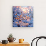 Leinwand - Stärke 2cm | Winter Märchenwelt - Idyllisches Weihnachtsdorf am Bach