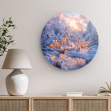 Rundes Wandbild | Winter Märchenwelt - Idyllisches Weihnachtsdorf am Bach