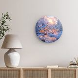 Rundes Wandbild | Winter Märchenwelt - Idyllisches Weihnachtsdorf am Bach